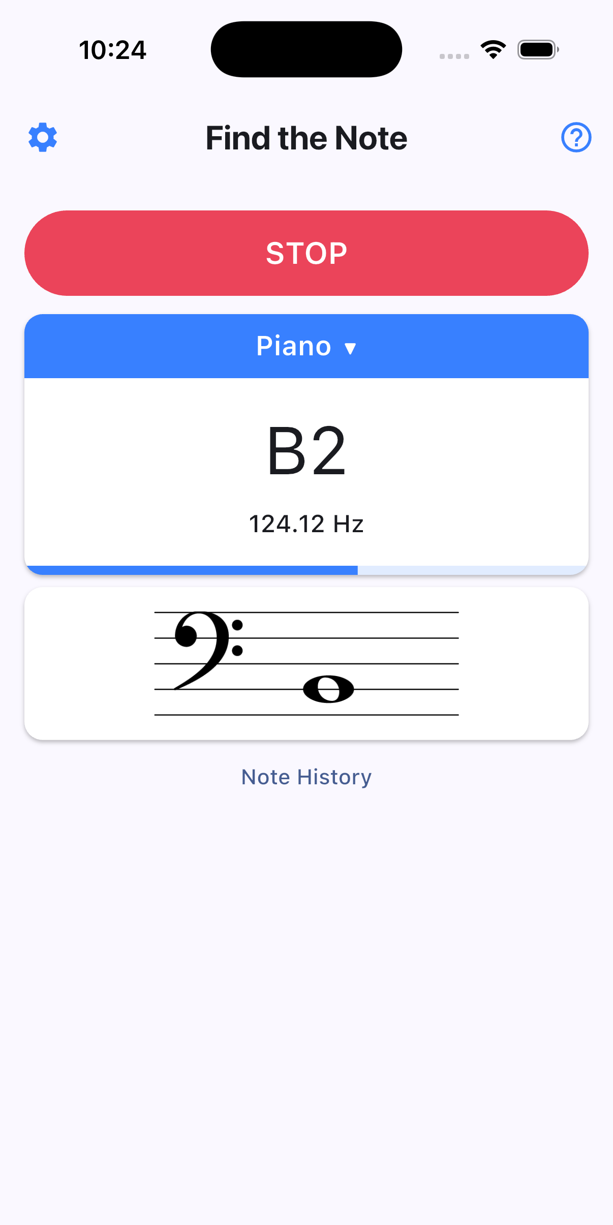 The real Find the Note iPhone app detecting E4 on the musical staff